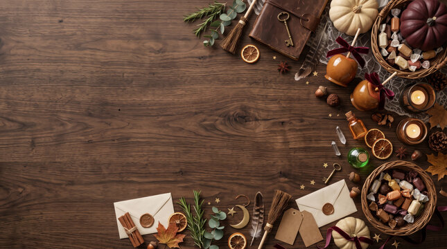 Halloween autumn flat lay border with pumpkins, seasonal decorations and gift boxes on rustic wooden background with copy space