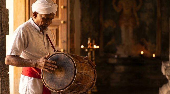 Traditional Sri Lankan drummer playing wooden geta bera copy space