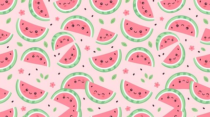 Naklejka premium Seamless pattern of watermelon slices with seeds on pink background.