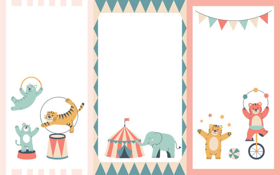 A colorful illustration of a lively circus scene with animals performing tricks and having fun with balloons and confetti in a festive environment.