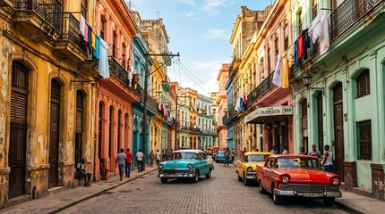 Obraz premium Havana Cuba Classic Vintage Cars Driving on Colorful Colonial Street