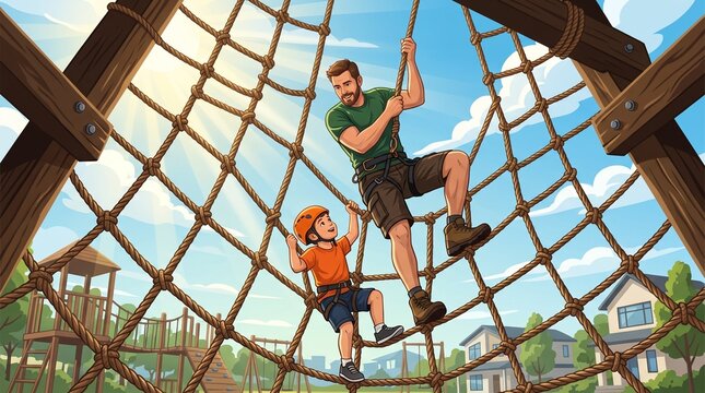 Father and child climbing on a rope cargo net at a playground during a sunny day for active family recreation scene.