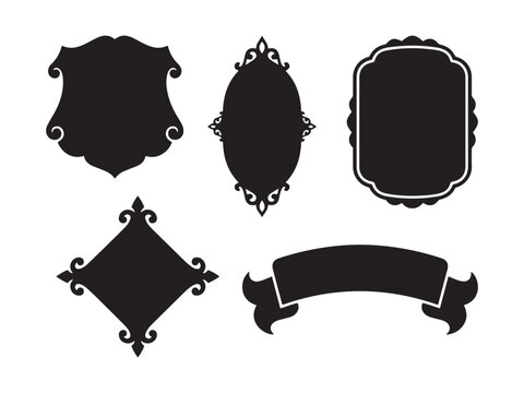 Decorative ornate frames and ribbon in silhouette style for graphic design elements Isolated on white background