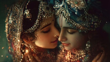 Fototapeta premium Divine Couple in Intimate Embrace, Adorned with Elaborate Headpieces and Sparkling Jewelry in a Mystical Glow