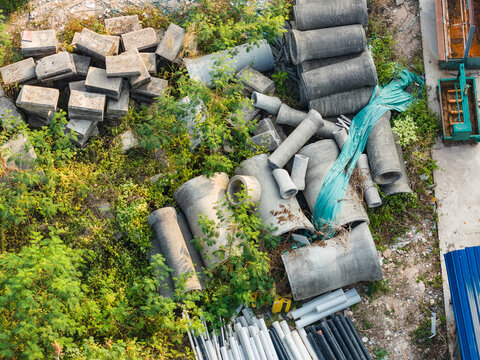 Aerial view of Concrete drainage pipes for industrial building construction.