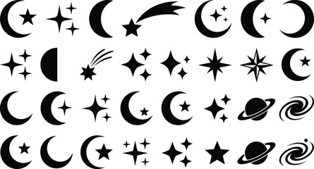 Mystical Celestial Silhouette Icon Set Featuring Crescent Moons, Sparkle Stars, Shooting Comets, Saturn Planets, and Spiral Galaxies for Astrology and Cosmic Graphic Designs © MDINSAN