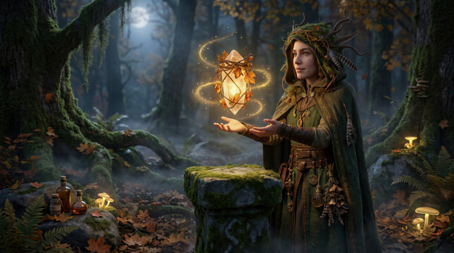 Mystical Halloween forest with enchanted sorceress holding glowing magic lantern in spooky autumn woodland at night