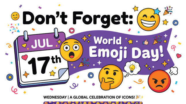 Vibrant digital illustration of World Emoji Day on July 17th with various colorful emojis and confetti