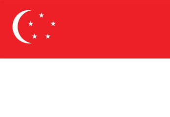 The national flag of Singapore, featuring horizontal bands of red and white, with a white crescent moon and five white stars arranged in a circle in the upper-left red section. © Reza