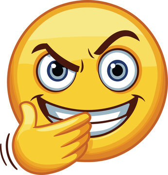 Mischievous yellow cartoon emoticon character covering mouth with hand plotting a sneaky prank or funny secret joke