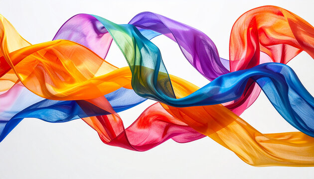 Colorful flowing ribbons in vibrant hues against a clean white background