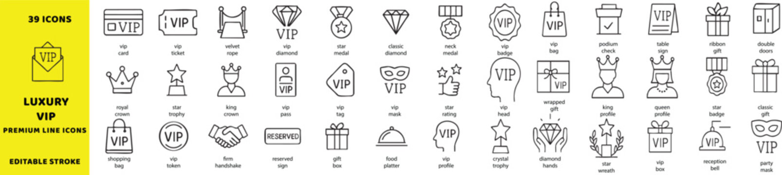Luxury VIP premium line vector icons set. Exclusive club privileges, premium rewards, and royalty status vector signs. Royal crown icon. Star trophy icon.