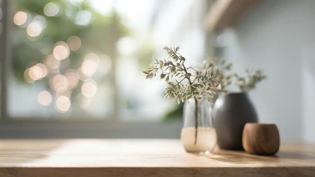 Minimalist home interior with a wooden table and decorative vases featuring delicate green branches in soft natural daylight. Cozy atmosphere with blurred bokeh background for tranquility