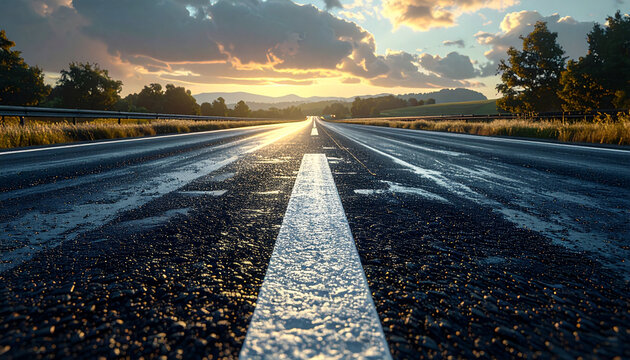 Empty Asphalt Road with Center Line Leading to Scenic Sunset Horizon