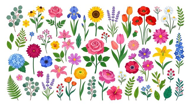 Collection of colorful diverse garden and wild flowers illustration
