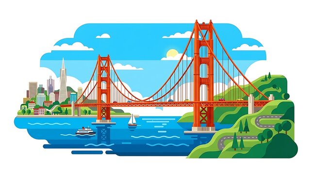 Suspension bridge structure over water with cityscape background