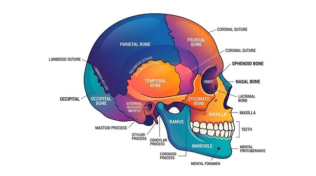 Human skull anatomy diagram colorful medical illustration