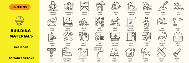 Building materials and construction vector icons set. House renovation tools, heavy machinery vehicles, and architecture engineering equipment vector signs. Tower crane icon. Power drill icon. © EMON