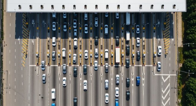 Overhead View of a Busy Toll Plaza With Heavy Traffic Congestion and Rows of Cars