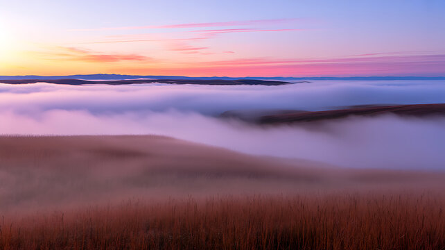 Foggy landscape at sunrise, rolling hills and fields covered in mist