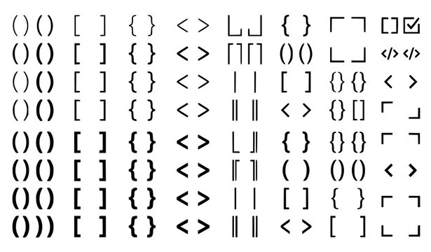 Simple Black Bracket Symbol Vector Set with Curly Braces Parentheses Square and Angle Brackets for Typography and Coding