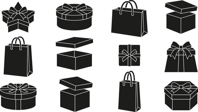Gift Box and Shopping Bag Silhouette Icon Set with Round Star Hexagonal Packaging Present Bows and Open Carton Containers for Retail Commerce Vectors