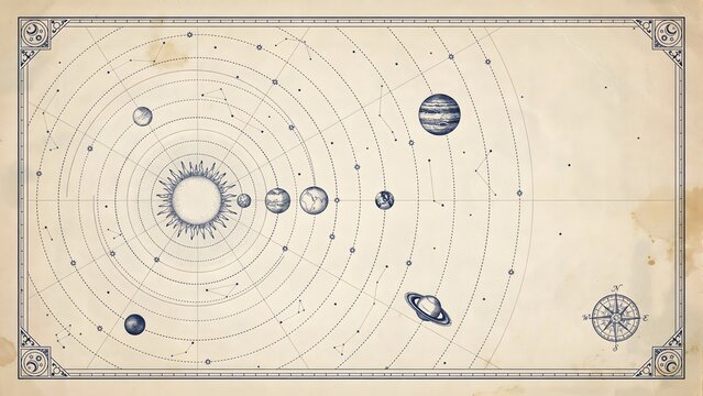 Vintage Illustration of the Solar System with Planets and Orbit Lines