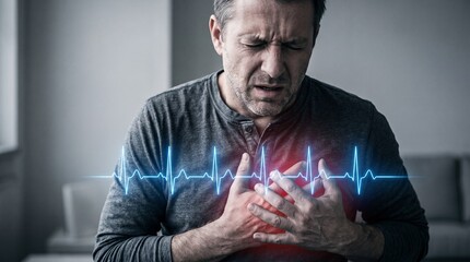 A middle aged man wearing a grey long sleeve shirt experiences sharp chest pain and clutches his heart while a glowing blue electrocardiogram heartbeat line pulses across his upper torso.