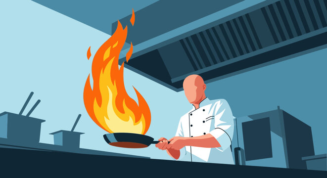 Illustration of chef flambeing food in kitchen with flames