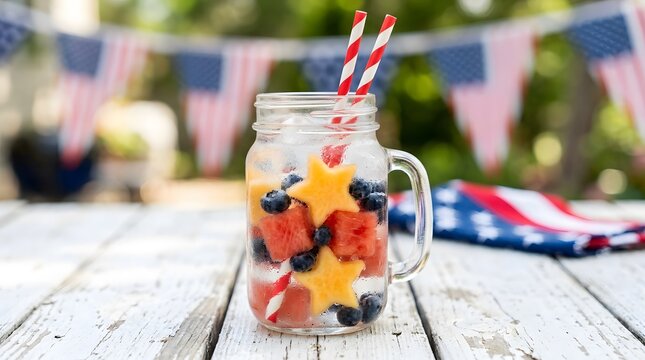Refreshing labour day drink with star shaped fruit and patriotic decor
