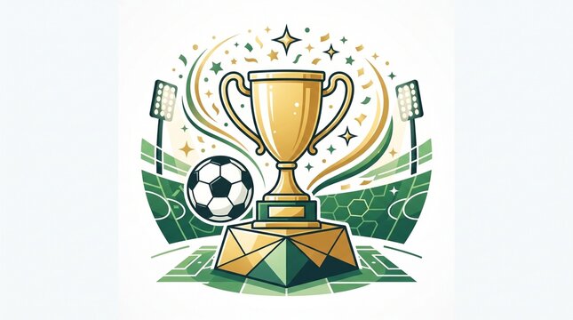 Golden football trophy cup with confetti for world championship winner
