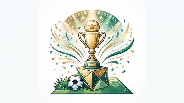 Golden football trophy cup with confetti for world championship winner