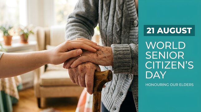 World Senior Citizens Day Banner with Supportive Hand and Elderly Cane