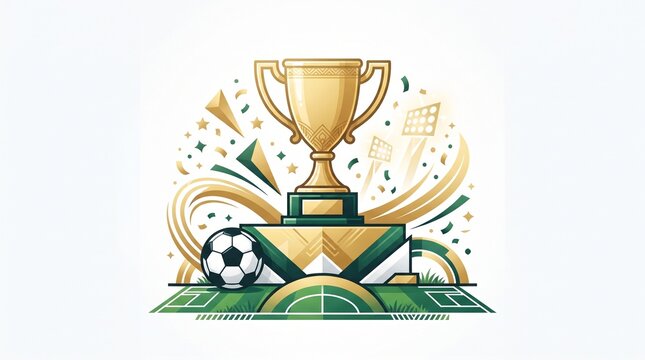 Golden football trophy cup with confetti for world championship winner