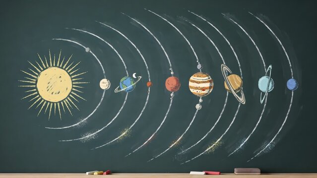 Illustrative Model of the Solar System with Sun and Planets on Green Chalkboard