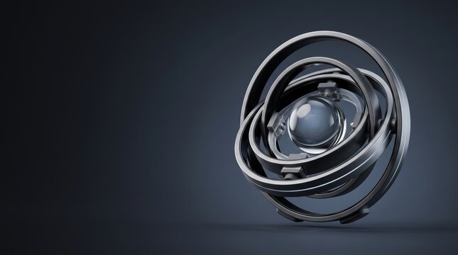 Abstract metallic gyroscope with spinning rings and a central glass sphere