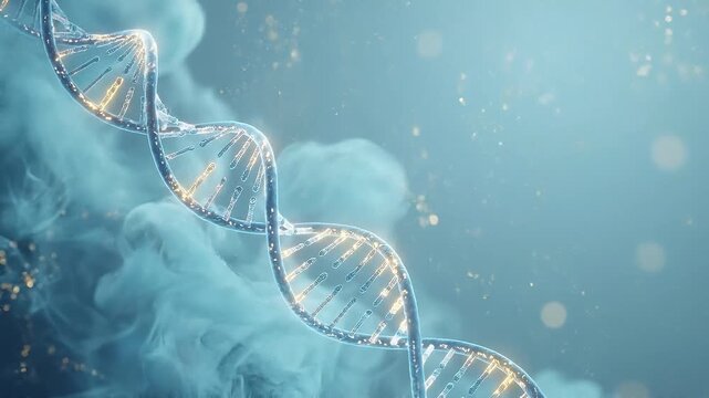 3d dna molecule medical background glowing strand with soft blue and gold light particles floating creating futuristic scientific particle strand and glowing blue scientific atmosphere