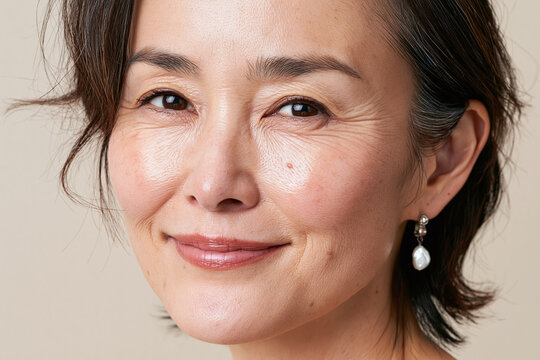 Middle aged Asian woman close up portrait, natural makeup with pearl earring, warm smile showing subtle wrinkles and glowing skin, soft neutral background conveying calm confidence