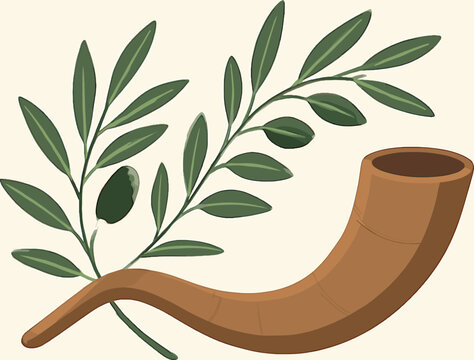 A shofar and an olive branch with green leaves and olives, symbolizing peace and Jewish tradition.