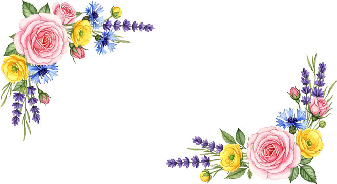 Watercolor floral corner frame with pink roses yellow ranunculus blue cornflowers and purple lavender sprigs vector illustration
