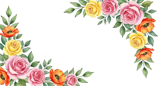 Watercolor floral corner frame with pink yellow roses and orange poppies for wedding invitation card design