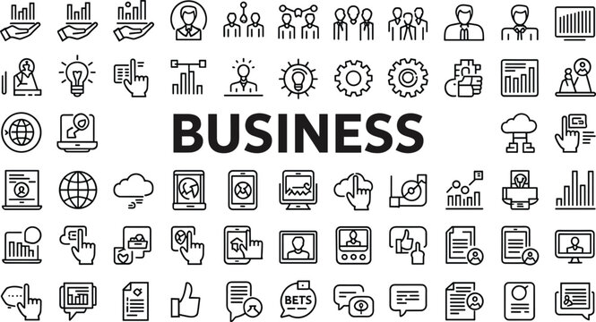Large bundle of corporate business outline icons containing statistical charts global networks management team elements and strategy symbols