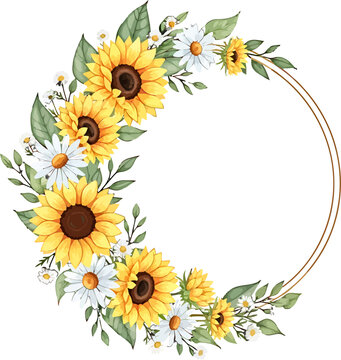 Watercolor sunflower and daisy floral wreath with golden circular frame for wedding invitation or greeting card design