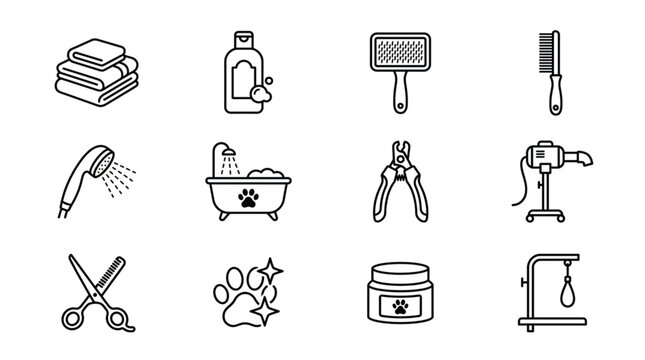 Collection of Pet Grooming Tools and Accessories Line Art Icons.