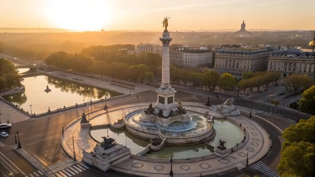 Aerial view of Trafalgar with Nelson's Column during golden hour sunrise