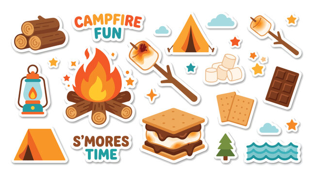 Colorful camping and smores illustrations.