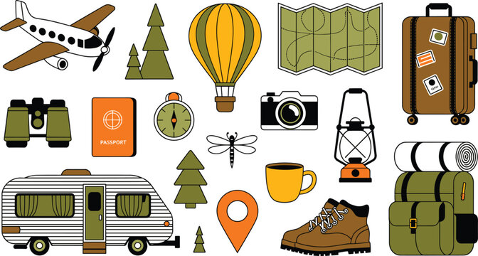 Travel and camping adventure icons collection featuring airplane caravan trailer backpack hot air balloon map and luggage