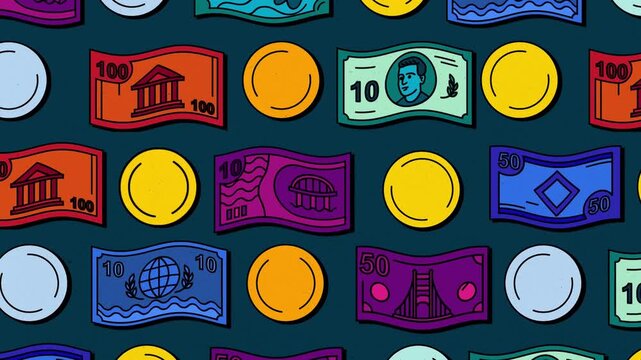 Colorful Banknotes and Coins Pattern for Global Finance and Economy 2D Animation