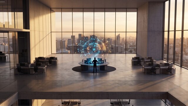 Grand IT operations center with an engineer manipulating a massive glowing neural network map, wide shot