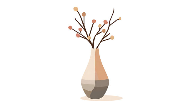 Modern minimalist ceramic flower vase with decorative branches isolated on transparent background